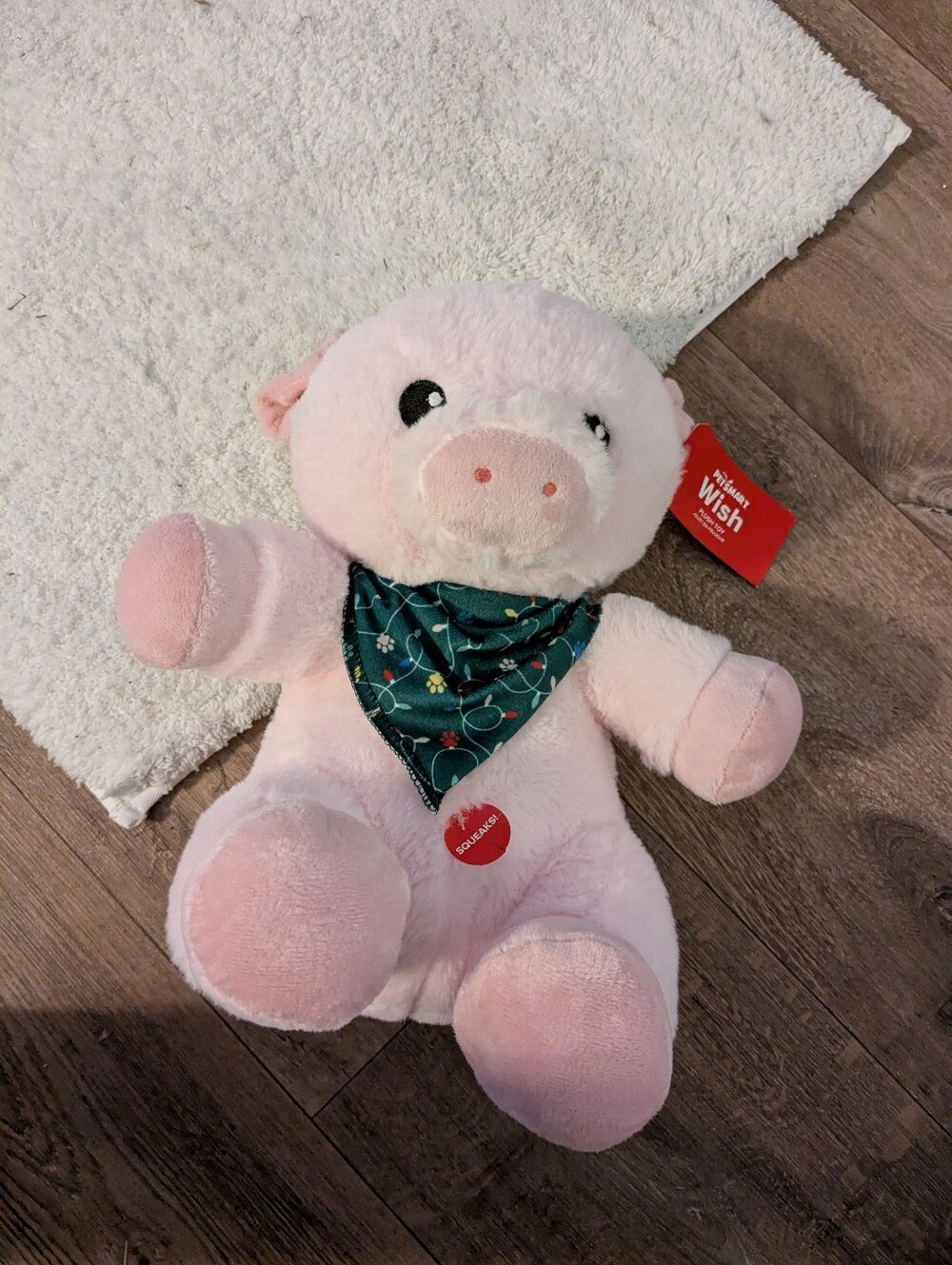 Pink Plush Pig with Green Bandana - Soft Dog Squeak Toy